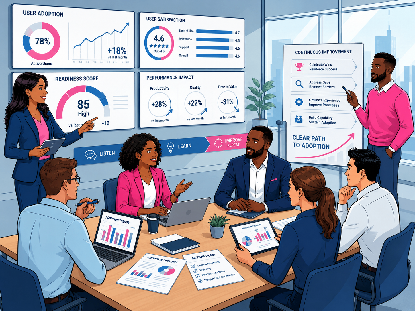 Adoption dashboards showing user adoption, readiness scores and continuous improvement.
