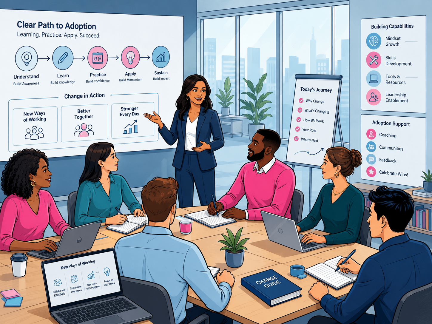 Diverse Salesforce delivery team collaborating on the Clear Path to Adoption.