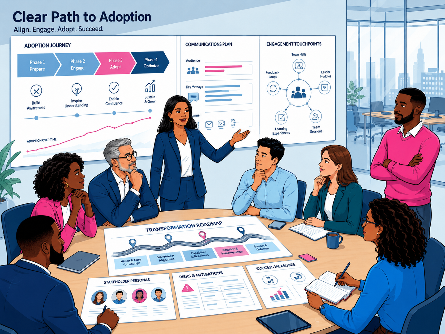 Transformation roadmap with communications plan and engagement touchpoints across four phases.