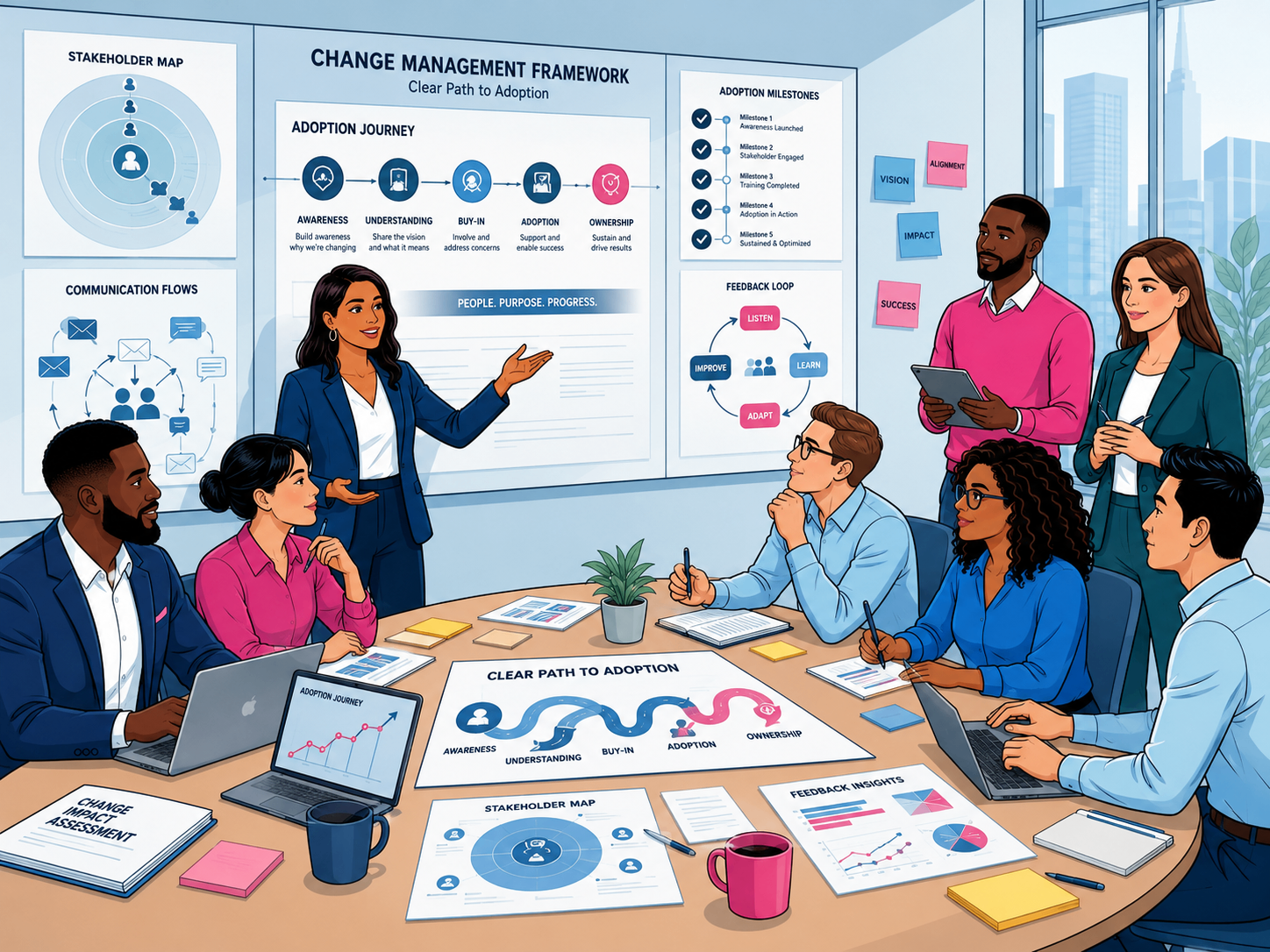 Change management framework covering adoption journey, stakeholder map and feedback loop.
